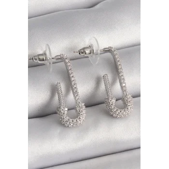 Pirinç Gümüş Renk Zirkon Taşlı Çengelli İğne Model Kadın Küpe