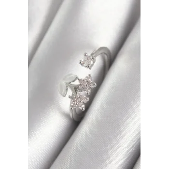 Pirinç Gümüş Renk Zirkon Taşlı Çiçek Model Kadın Yüzük