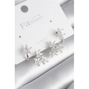 Pirinç Gümüş Renk Zirkon Taşlı Çiçek Tasarım Kadın Küpe