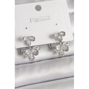 Pirinç Gümüş Renk Zirkon Taşlı Damla Model Kadın Küpe