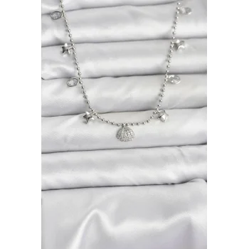 Pirinç Gümüş Renk Zirkon Taşlı Deniz Kabuğu Model Kadın Kolye