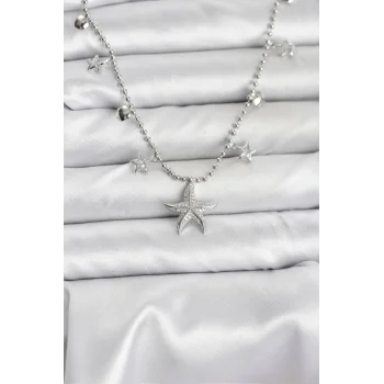 Pirinç Gümüş Renk Zirkon Taşlı Deniz Yıldızı Model Kadın Kolye
