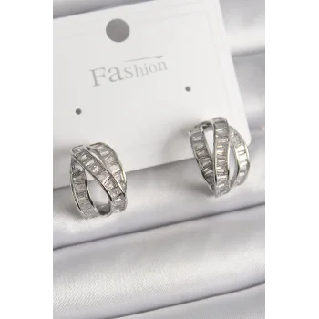 Pirinç Gümüş Renk Zirkon Taşlı Düğüm Halka Model Kadın Küpe