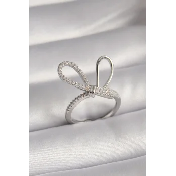 Pirinç Gümüş Renk Zirkon Taşlı Düğüm Model Kadın Yüzük