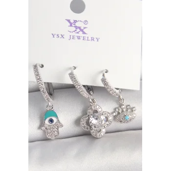 Pirinç Gümüş Renk Zirkon Taşlı Fatma Ana Yonca Figür Göz Detay 3Lü Kadın Kombin Küpe