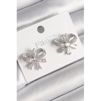 Pirinç Gümüş Renk Zirkon Taşlı Fiyonk Model Kadın Küpe