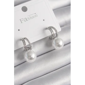 Pirinç Gümüş Renk Zirkon Taşlı Halka İnci Detay Kadın Küpe