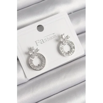 Pirinç Gümüş Renk Zirkon Taşlı Halka Model Çiçek Figür Kadın Küpe