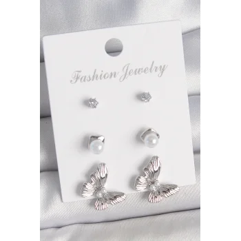 Pirinç Gümüş Renk Zirkon Taşlı İnci Detaylı Kelebek Model 3 Çift Kadın Küpe Seti