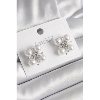 Pirinç Gümüş Renk Zirkon Taşlı İncili Kadın Küpe