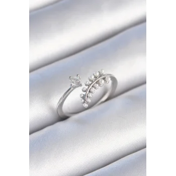 Pirinç Gümüş Renk Zirkon Taşlı İncili Yaprak Model Kadın Yüzük