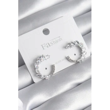 Pirinç Gümüş Renk Zirkon Taşlı Kadın Küpe