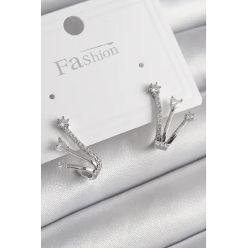 Pirinç Gümüş Renk Zirkon Taşlı Kadın Küpe