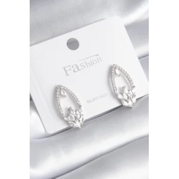 Pirinç Gümüş Renk Zirkon Taşlı Kadın Küpe