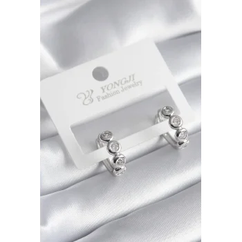 Pirinç Gümüş Renk Zirkon Taşlı Kadın Küpe