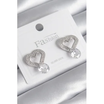 Pirinç Gümüş Renk Zirkon Taşlı Kalp Model Damla Zirkon Taş Detay Kadın Küpe