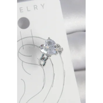 Pirinç Gümüş Renk Zirkon Taşlı Kalp Model Kadın Kıkırdak Küpe