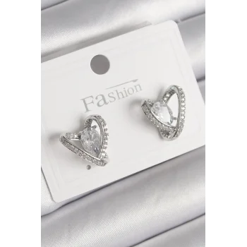 Pirinç Gümüş Renk Zirkon Taşlı Kalp Model Kadın Küpe