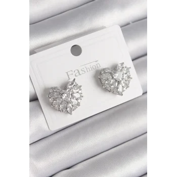 Pirinç Gümüş Renk Zirkon Taşlı Kalp Model Kadın Küpe