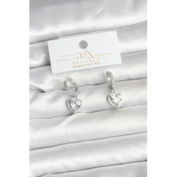 Pirinç Gümüş Renk Zirkon Taşlı Kalp Model Kadın Küpe