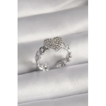 Pirinç Gümüş Renk Zirkon Taşlı Kalp Model Kadın Yüzük