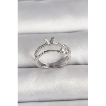 Pirinç Gümüş Renk Zirkon Taşlı Kelebek Figürlü Ayarlanabilir Yüzük