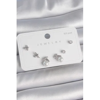 Pirinç Gümüş Renk Zirkon Taşlı Kelebek Model İnci Detay 925 Ayar Gümüş Çivi Kadın Küpe Seti