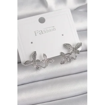 Pirinç Gümüş Renk Zirkon Taşlı Kelebek Model Kadın Küpe