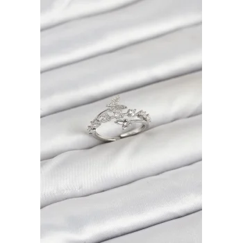 Pirinç Gümüş Renk Zirkon Taşlı Kelebek Model Kadın Yüzük