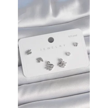 Pirinç Gümüş Renk Zirkon Taşlı Kuğu Model 925 Ayar Gümüş Çivi Kadın Küpe Seti