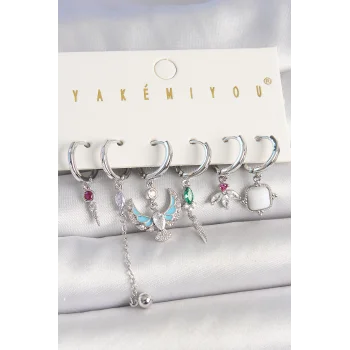 Pirinç Gümüş Renk Zirkon Taşlı Kuş Figür Çiçek Detay 6Lı Kadın Kombin Küpe