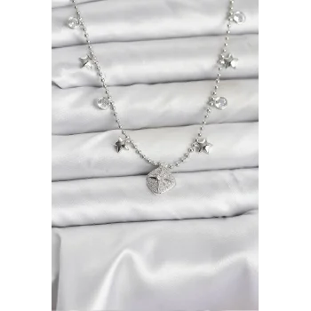 Pirinç Gümüş Renk Zirkon Taşlı Kutup Yıldızı Model Kadın Kolye