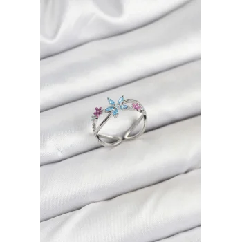 Pirinç Gümüş Renk Zirkon Taşlı Mavi Çiçekli Kadın Yüzük