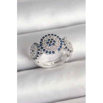 Pirinç Gümüş Renk Zirkon Taşlı Nazar Boncuk Model Ayarlanabilir Kadın Yüzük