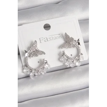 Pirinç Gümüş Renk Zirkon Taşlı Sallantı Detay Kelebek Model Kadın Küpe