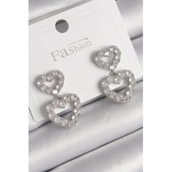 Pirinç Gümüş Renk Zirkon Taşlı Sallantı Kalp Model Kadın Küpe