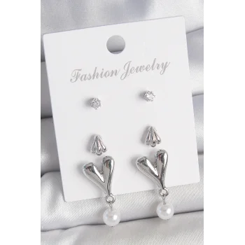 Pirinç Gümüş Renk Zirkon Taşlı Sallantılı Kalp Model 3 Çift Kadın Küpe Seti