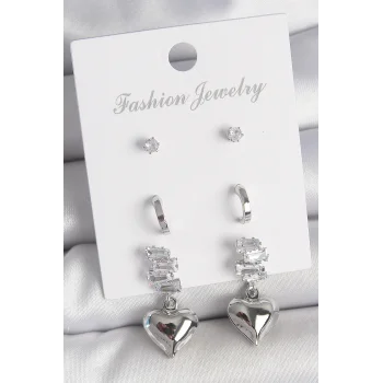 Pirinç Gümüş Renk Zirkon Taşlı Sallantılı Kalp Model Yarım Halka Detay 3 Çfit Kadın Küpe Seti