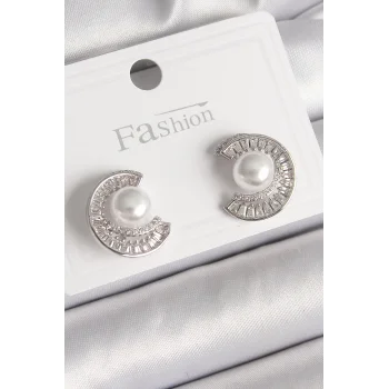 Pirinç Gümüş Renk Zirkon Taşlı Salyangoz Model İnci Detay Kadın Küpe