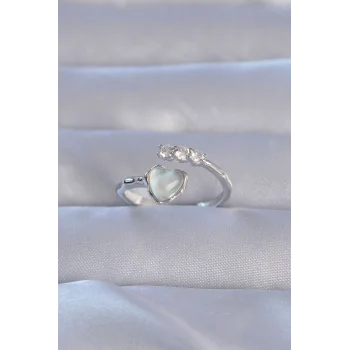 Pirinç Gümüş Renk Zirkon Taşlı Sedefli Kalp Model Ayarlanabilir Yüzük