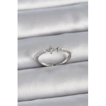 Pirinç Gümüş Renk Zirkon Taşlı Sıralı İnci Ayarlanabilir Model Kadın Yüzük