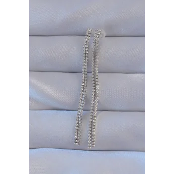 Pirinç Gümüş Renk Zirkon Taşlı Su Yolu Model Küpe