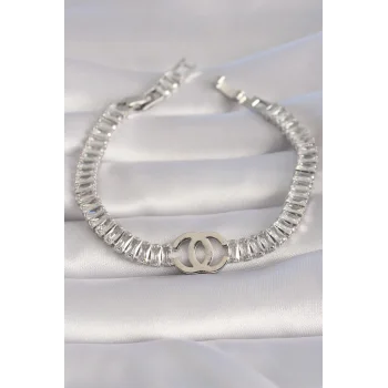 Pirinç Gümüş Renk Zirkon Taşlı Su Yolu Model VIP Seri Kadın Bileklik