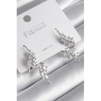 Pirinç Gümüş Renk Zirkon Taşlı Yaprak Model Kadın Küpe