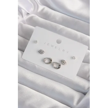 Pirinç Gümüş Renk Zirkon Taşlı Yaprak Model Küpe Seti