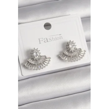 Pirinç Gümüş Renk Zirkon Taşlı Yelpaze Model Kadın Küpe