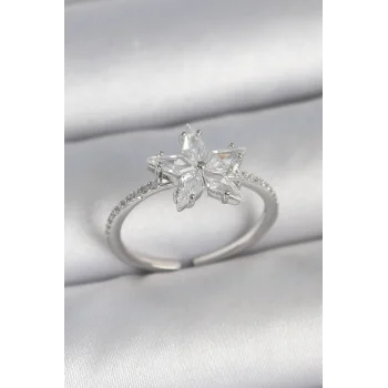 Pirinç Gümüş Renk Zirkon Taşlı Yıldız Model Ayarlanabilir Kadın Yüzük