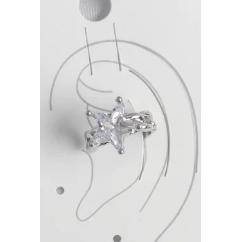 Pirinç Gümüş Renk Zirkon Taşlı Yıldız Model Kadın Kıkırdak Küpe