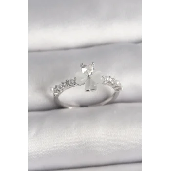 Pirinç Gümüş Renk Zirkon Taşlı Yonca Model İnci Detay Ayarlanabilir Yüzük