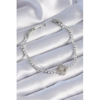 Pirinç Gümüş Renk Zirkon Taşlı Yonca Model Kadın Bileklik